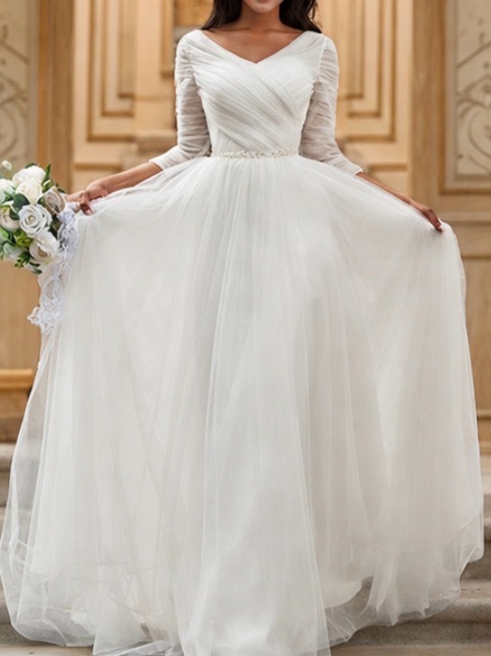 White 3/4 Sleeve Bridal A-Line Tulle Gown